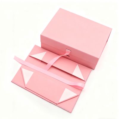 맞춤형 로고 품질 리본 접이식 상자 핑크 블랙 직사각형 모양 자석 아트 종이 포장 무광 라미네이션 엠보싱