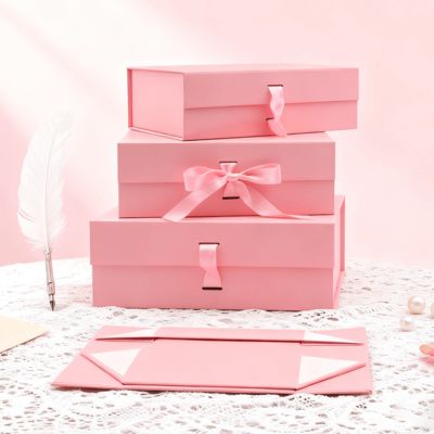 맞춤형 로고 품질 리본 접이식 상자 핑크 블랙 직사각형 모양 자석 아트 종이 포장 무광 라미네이션 엠보싱